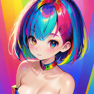 colorful, best quality, masterpiece, highres, original, extremely detailed wallpaper, 1girl, bangs, bare_shoulders, collar, colorful, eyebrows_visible_through_hair, looking_at_viewer, multicolored_background, multicolored_hair, short_hair, solo, strapless