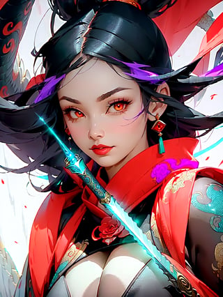 (mysterious:1.3), ultra-realistic mix fantasy,(1 giant eastern dragon:1.3) behind an asian woman holding a glowing sword,void energy diamond sword, in the style of dark azure and light azure, mixes realistic and fantastical elements, vibrant manga, uhd image, glassy translucence, vibrant illustrations, ultra realistic, long hair, straight hair, light purple hair,head jewelly, jewelly, shawls,light In eyes, red eyes, portrait, firefly, bokeh, mysterious, fantasy, cloud, abstract, colorful background, night sky, flame,  very detailed, high resolution, sharp, sharp image, 4k, 8k, masterpiece, best quality, magic effect, (high contrast:1.4), dream art, diamond, skin detail, face detail, eyes detail, mysterious colorful background, dark blue themes