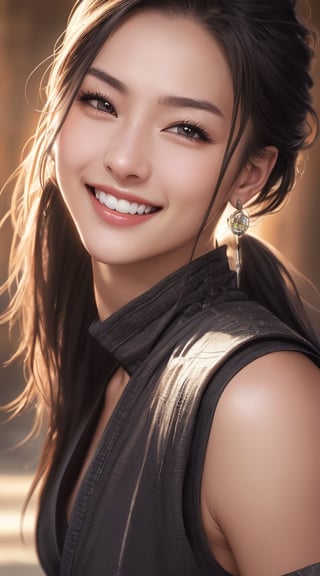 (photorealistic,  masterpiece,  best quality,  raw photo), 1 beautiful woman, smiling with visible perfect teeth,  detailed beautiful eyes and face, , Kunoichi,ninja clothes,realistic detailed skin texture, natural sunlight,  depth of fields,  close-up portrait,  sharp-focus,full_body