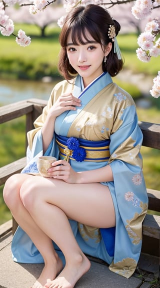 (top quality,  8k,  ultra detailed,  masterpiece, raw photo),  beautiful detailed,  ((jpanese beauty:1.3) in Japanese, traditional pale gold color-based furisode with blue-flower pattern),  (beautiful eyes),  (delicate face),  (perfect detail),  smile,  (lbrown hair blunt bangs), top quality,  ultra-detailed,  photorealistic,  8k,  wide Shots: 1.5,  full body, natural sunlight,  depth of fields,  close-up portrait,  sharp-focus,full_body,background is a cherry tree
