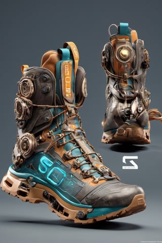 futuristic crypto shoes , Hiking shoes, Salomon brand, high_resolution, high detail, realistic, realism,cyborg style,Colourful cat ,steampunk style