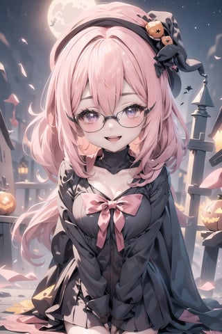 portrait of a chibi emote beautiful halloween girl wearing (black magic girl costume), (fusion of pink witch robe: and school  sailor uniform1.3), (pink witch hat:1.2), wearing a glasses:1.3, ((;D:1.3)), perfect face,perfect eyes,HD details,high details,sharp focus,studio photo,HD makeup,shimmery makeup,celebrity makeup,(( centered image)) (HD render)Studio portrait,magic, magical, fantasy, halloween, moon, jack-o' challenge, pink hair, short ponytail:1.3,cls_chibi, arms behid back, chibi emote, chibi character, ,Kawaii Figurines Style