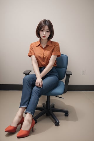 1girl, solo, short hair, brown hair, shirt, sitting, shoes, pants, indoors, black footwear, high heels, chair, denim, red shirt, jeans, paper, pen, orange shirt