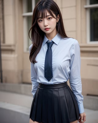 1girl, solo, medium hair, looking at viewer, bangs, large breasts, black hair, straight hair, brown eyes, standing with arms behind back, light blue collared shirt, long sleeve, cowboy shot, black formal tie, blue shirt, lips, black pleated skirt, makeup, girly style, school girl look, arms behind back, realistic, black skirt, in city, stanidng with arms behind back, busty, skinny, ,tan skin