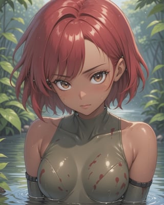 1army girl, jungle, sabannah, oasis, water, wearing a army bodysuit, dynamic, portrait, stain face, ,anitoon style, dark skin, tan skin, brwon skin, red hair, short hari, bob cut hair, forehead, ,<lora:659095807385103906:1.0>,<lora:659095807385103906:1.0>