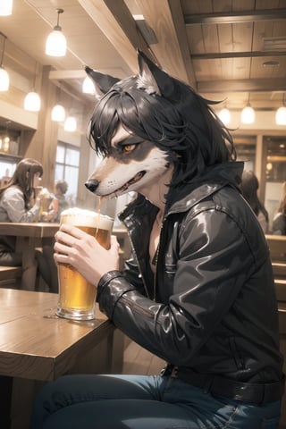 1WereWolf drinking beer at Restaurant,  