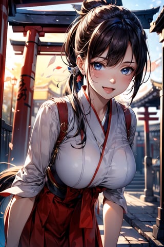 (1pony tail girl:1.3, solo), (shop girl), (upper body:1.3), (standing at Japanese ancient Temple, Torii background:1.3), (((starring at the viewer:1.5))), (leaning forward:1.3), BREAK, 1girl, solo, milf, European girl, hot model, (attractive model:1.37), (promotional model:1.2), highly detailed eyes and pupils, realistic skin, ((attractive body, gigantic breast:1.38, disproportionate breasts:1.38, thin waist:1.15)), ((pony-tail:1.5)), pony tail hair,  (shiny-black hair:1.3), extremely detailed hair, delicate sexy face, sensual gaze, shiny lips, BREAK, (miko uniform:1.3), red hakama skirt:1.3),(white sleeves:1.2),(japanese clothes:1.0), detailed clothes, BREAK, (blurry background:1.25, simple background, no-human background, detailed background), (under sunset:1.37), BREAK, (attractive posing), ((realistic, super realistic, realism, realistic detail)), perfect anatomy, perfect proportion, bokeh, depth of field, hyper sharp image, (attractive emotion, seductive smile:1.2, happy:1.2, blush:1.2, :d:1.2, :p:1.2), 4fingers and thumb, perfect human hands, wind, BREAK, (Masterpiece, best quality, photorealistic, highres, photography, :1.3), ultra-detailed, sharp focus, professional photo, commercial photo,1 girl