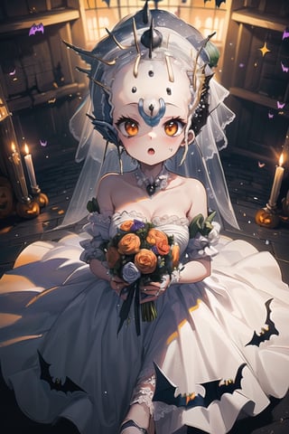 (halloween theme:1.5), (Frankest bride:1.5), (The Bride of Frankenstein:1.5), (wearing a wedding dress:1.5), ,Jack o 'Lantern