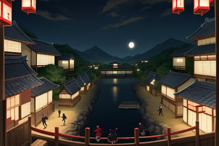 A night scene from a Japanese village with silver moonlight and the silhouettes of houses, a team of ninjas hopping over the roofs, isometric image as if shot from a drone