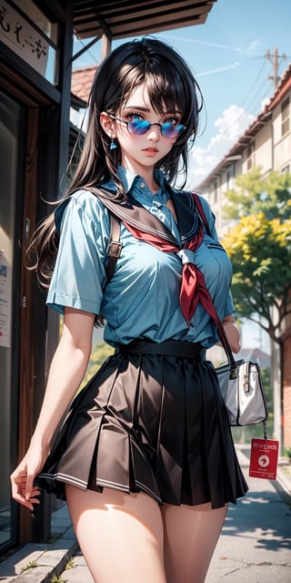 (best quality, highres:1.2), ultra-detailed, realistic, Nagara (Azure Lane), origin, school uniform, 1 girl, solo, outdoors, looking at the viewer, masterpiece, illustration