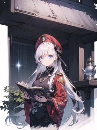 Fantasy magic world, 1 female military captain, long silver hair, glowing eyes, detailed red and white winter military clothing, filigree design clothing, magic airship inside, reading a novel, hot tea background, perfect eyes,belfastpk