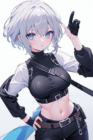 (masterpiece, best quality, highres:1.3), ultra resolution image, (1girl), (solo), (short guy's hair, tomboy:1.2), gray hair, blue eye, breast, black harness belt, navel, black turtleneck, white crop top, girl friend, looking at viewer, mature body, tempting, lean forward, super close up, head forward, front view, breast forward, top view, head close up, dynamic pose