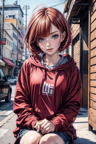 1girl,wearing hoodie,bob_cut,red hair,sitting ,