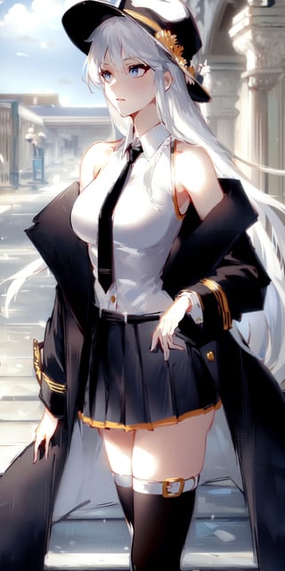 masterpiece, best quality, highres, aaenter, long hair, hat, white headwear, large breasts, black necktie, sleeveless shirt, white shirt, off shoulder, black coat, open coat, belt, pleated skirt, black skirt, black thighhighs, enterprise_v1:0.7, cowboy shot, standing, outdoors,