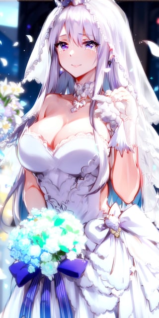 aaenter, long hair, bridal veil, white hair, purple eyes, crown, choker, large breasts, cleavage, bride, wedding dress, white dress, long dress, enterprise_v1:0.7, upper body, holding bouquet, smile, tears, garden, flower, confetti,