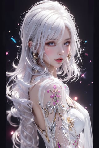 (WHITE PORTRAIT) (WHite hair girl in white dress:1.5) masterpiece , best quality , ultra detailed , "detailed background" , perfect shading , high contrast , best illumination , extremely detailed , ray tracing , realistic lighting effects , (beautiful detailed face , beautiful detailed symmetrical eyes:1.5) , one woman , full lips , light smile , longt-hair , long_white-silver_hair, (shiny__only_silver_ornates and anccessories) , (only_whiteTRANSPARENT silk dress with only silver embroidery:1.5) , best lighting , full_length_portrait , beautiful white_marble_wall background , depth_of_field,midjourney,glitter,shiny,mecha