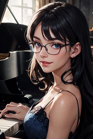 A elegant woman playing piano, black rom, volumetric light, focus on face, detailed hands, blue dress, glasses, shy smile 