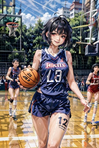 1girl, solo, (tomboy:1.2), running, holding ball,black hair, (very short hair, long sidelocks:1.2),red eyes, looking at viewer,smile, closed mouth,basketball uniform, shorts, shirt, sleeveless,large breasts,outdoors, basketball court, court, Tomboy-3000-12repeats:1, Cham22:1,volley_uniform,1 girl,SAM YANG,YakuzaTattoo,ASU1