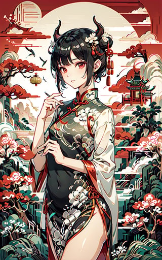 Girl,Drees,Black hair,short hair,thin horns, very small horns,hua, (masterpiece:1.2, best quality), (Soft light), (shiny skin), 1girls, chinese ink painting style,1girl,chinese cheongsam