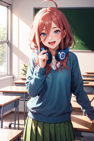 masterpiece, best quality, high resolution, long hair, ahoge, blue headphones, school uniform, blue sweater, green skirt, pleated skirt, classroom, indoors, smile, open mouth, standing cowboy shot,
Miku Nakano