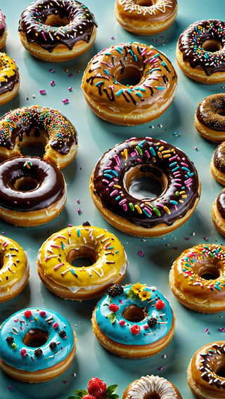 a stunning 8K ultra-realistic food photograph featuring colorful decorated donuts, beautifully decorated with intricate details. The composition should reflect Michelin-star presentation, with a focus on exquisite plating and attention to detail reminiscent of Todd Porter and Diane Cu's signature style. Capture the essence of culinary artistry