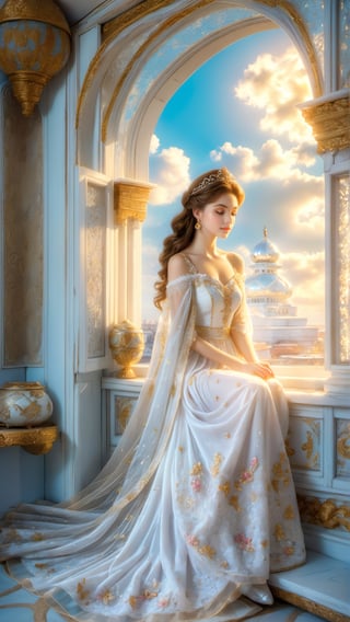 a gentle lady sits by the window, a transparent embroidered curtain is swayed by a breeze,  wearing a combination dress made of richelieu lace, made of snow-white fine fabric, the sun's rays fall on the girl's skin, she dreams, delicate pastel colors, velvet bedspreads, many interesting details, figurines, marble, crystal in the room