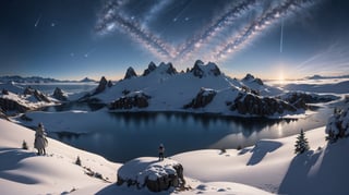 Female standing, full body, looking at sky, {{{masterpiece}}}, {{the best quality, super fine illustrations, beautiful and delicate water}}, {{very delicate light}}, {{nature, painting}}, {{fine lighting, more transparent stars, high-quality snowflakes, high-quality mountains, very fine 8KCG wallpapers}}, (plateau), (((snow mountain))), sunrise, randomly distributed clouds, (snow field), cliff, ((rotating star sky)), ((lake in mountain stream)), luminous particles