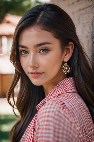 (glamour photography) photo of a smiling LinkGirl, 18 year old, {ponytail|bobcut|bun hair}, wearing (Gingham-print sundress with a fit-and-flare silhouette, paired with ankle-wrap sandals, a straw bag, and a pair of drop earrings:1.2), dfdd, (blush:0.9), (goosebumps:0.5), solo, beautiful, masterpiece, (photorealistic:1.2), hi-res, hdr, 8k, remarkable color, ultra realistic, textured skin, realistic dull skin noise, visible skin detail, skin fuzz, dry skin, perfect face, perfect eyes, (casual posing for picture:1.2), (cowboy shot:1.6), (detailed random background:1.6), natural lighting, (ray tracing:1.2), subsurface scattering, {low angle|(shot from a dutch angle:1.4)}, golden ratio, (shot on Leica T), RAW cinema photo, 50mm portrait lens, shallow depth of field, Fujicolor Pro film