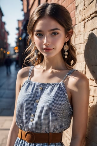 (glamour photography) photo of a smiling LinkGirl, 18 year old, {ponytail|bobcut|bun hair}, wearing (Gingham-print sundress with a fit-and-flare silhouette, paired with ankle-wrap sandals, a straw bag, and a pair of drop earrings:1.2), dfdd, (blush:0.9), (goosebumps:0.5), solo, beautiful, masterpiece, (photorealistic:1.2), hi-res, hdr, 8k, remarkable color, ultra realistic, textured skin, realistic dull skin noise, visible skin detail, skin fuzz, dry skin, perfect face, perfect eyes, (casual posing for picture:1.2), (cowboy shot:1.6), (detailed random background:1.6), natural lighting, (ray tracing:1.2), subsurface scattering, {low angle|(shot from a dutch angle:1.4)}, golden ratio, (shot on Leica T), RAW cinema photo, 50mm portrait lens, shallow depth of field, Fujicolor Pro film