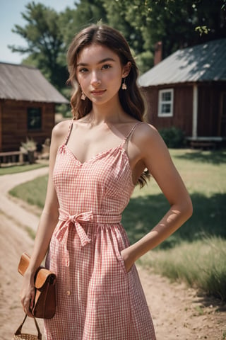 (glamour photography) photo of a smiling LinkGirl, 18 year old, {ponytail|bobcut|bun hair}, wearing (Gingham-print sundress with a fit-and-flare silhouette, paired with ankle-wrap sandals, a straw bag, and a pair of drop earrings:1.2), dfdd, (blush:0.9), (goosebumps:0.5), solo, beautiful, masterpiece, (photorealistic:1.2), hi-res, hdr, 8k, remarkable color, ultra realistic, textured skin, realistic dull skin noise, visible skin detail, skin fuzz, dry skin, perfect face, perfect eyes, (casual posing for picture:1.2), (cowboy shot:1.6), (detailed random background:1.6), natural lighting, (ray tracing:1.2), subsurface scattering, {low angle|(shot from a dutch angle:1.4)}, golden ratio, (shot on Leica T), RAW cinema photo, 50mm portrait lens, shallow depth of field, Fujicolor Pro film