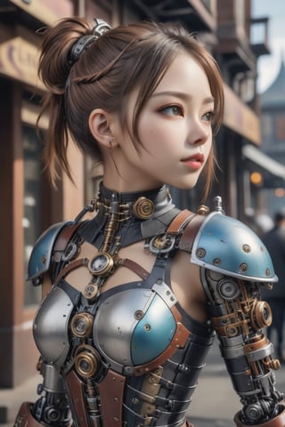 (glamour:1.3) photo of young sll ssyy zls dnls xiyan, (ponytail:bobcut:0.6), (sexy jaw:0.6),  wearing (HZ Steampunk cyborg style clothing:1), cyborg, android, (blush:0.9), (goosebumps:0.5), (petite:1.2), (skinny:1.2), beautiful, masterpiece, remarkable color, ultra realistic, textured skin, remarkable detailed pupils, realistic dull skin noise, visible skin detail, skin fuzz, dry skin, young adult body, (pretend fighting a riot:1.6), (upper body framing from waist:1.5), intricate riot in the background, soft natural lighting, (ray tracing:1.2), subsurface scattering, {from side|from behind}, golden ratio, shot with Rolleiflex, RAW candid cinema, 85mm portrait lens, Fujicolor Pro film