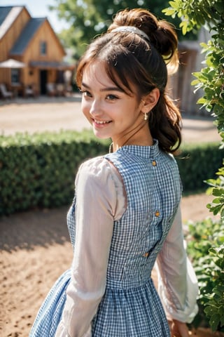 (glamour photography) photo of a smiling LinkGirl, 18 year old, {ponytail|bobcut|bun hair}, wearing (Gingham-print sundress with a fit-and-flare silhouette, paired with ankle-wrap sandals, a straw bag, and a pair of drop earrings:1.2), dfdd, (blush:0.9), (goosebumps:0.5), solo, beautiful, masterpiece, (photorealistic:1.2), hi-res, hdr, 8k, remarkable color, ultra realistic, textured skin, realistic dull skin noise, visible skin detail, skin fuzz, dry skin, perfect face, perfect eyes, (casual posing for picture:1.2), (cowboy shot:1.6), (detailed random background:1.6), natural lighting, (ray tracing:1.2), subsurface scattering, {low angle|(shot from a dutch angle:1.4)}, golden ratio, (shot on Leica T), RAW cinema photo, 50mm portrait lens, shallow depth of field, Fujicolor Pro film