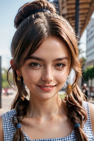 (glamour photography) photo of a smiling LinkGirl, 18 year old, {ponytail|bobcut|bun hair}, wearing (Gingham-print sundress with a fit-and-flare silhouette, paired with ankle-wrap sandals, a straw bag, and a pair of drop earrings:1.2), dfdd, (blush:0.9), (goosebumps:0.5), solo, beautiful, masterpiece, (photorealistic:1.2), hi-res, hdr, 8k, remarkable color, ultra realistic, textured skin, realistic dull skin noise, visible skin detail, skin fuzz, dry skin, perfect face, perfect eyes, (casual posing for picture:1.2), (cowboy shot:1.6), (detailed random background:1.6), natural lighting, (ray tracing:1.2), subsurface scattering, {low angle|(shot from a dutch angle:1.4)}, golden ratio, (shot on Leica T), RAW cinema photo, 50mm portrait lens, shallow depth of field, Fujicolor Pro film