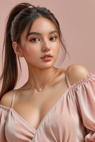 (glamour:1.3) photo of a beautiful young xxmix_girl, ponytail hairstyle with mid-parted bangs, wearing Pale pink tiered maxi dress with balloon sleeves, BREAK (blush, blemishes:0.6), (goosebumps:0.5), subsurface scattering, perfecteyes, detailed skin texture, (slender, petite, droptear chest, (absolute_cleavage), photorealistic, masterpiece, remarkable color, ultra realistic, textured skin, realistic dull skin noise, visible skin detail, skin fuzz, dry skin, upper_body from waist frame, soft natural lighting, ray_tracing, from side, ALEXA 65, golden_ratio