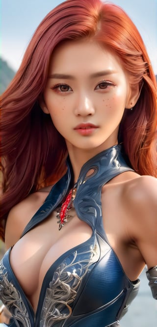 (glamour:1.3) photo of a beautiful young woman with a clear collarbone and fire red hair, (posing seductively:1.4) with japan scenery, BREAK wearing Witchblade outfit, bare_shoulders, long dress with side_slit, (blush, blemishes:0.6), (goosebumps:0.5), subsurface scattering, detailed skin texture, (skinny, petite, photorealistic:1.3), textured skin, realistic dull skin noise, visible skin detail, skin fuzz, remarkable color, (upper body from waist framing:1.3), golden_hour, golden_ratio, Fujicolor_Pro_Film,