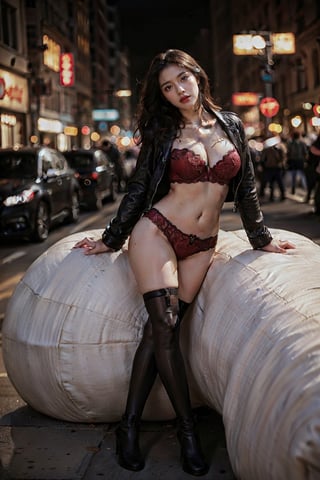 Nsfw, 1girl, red lipstick, low angle shot, Cohen, only black leather jacket, ((beautiful red lace bra)), no inner wear, denim panties,  black heels boots ,walking, ((huge droopy breast cleavage: 1.3)), (realistic:1.3), masterpiece, UHD:1.2, perfect female figure, sexy legs, perfect thighs,realistic face details, Real face skin texture, detailed face,real perfect limbs, real perfect anatomy, ,better_hands, details skin pores, Real skin, the real female body, perfect hands, perfect fingers, ((bokeh)), blurry_background, DSLR photo,  extremely beautiful background, beautiful cinema scene, different poses,More Detail, belly button, denim panties thongs below waist