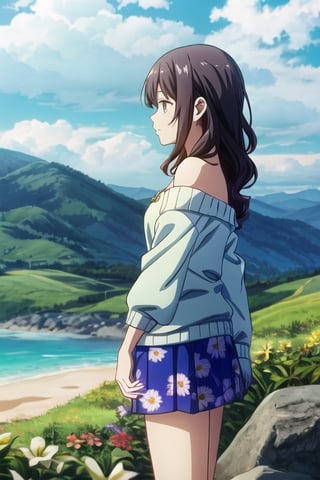 Girl, cinematic lighting, anime screencap, best quality, 

Floral Print Mini Skirt, Off-Shoulder Knit Sweater, Loose Beach Waves, Flower Hairpin, Layered Necklaces

Over-the-Shoulder Shot, Side View, Looking Out Over Landscape, Contemplative Pose:
The camera peers over the subject's shoulder as she stands atop a hill, gazing thoughtfully into the distance. Her posture is relaxed, one hand resting on her hip while the other cradles her chin. The landscape stretches beyond her, evoking a sense of introspection.