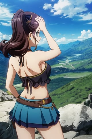 Girl, cinematic lighting, anime screencap, best quality, 

Suede Mini Skirt, Halter Neck Crop Top, Loose Curls with Side Part, Layered Necklaces, Stud Earrings

ide-angle Shot, Back View, Arms Raised, Victory Pose:
The camera captures the subject from behind as she stands on a mountain peak. Her arms are raised triumphantly in a V-shape, celebrating a moment of victory. The wide-angle lens accentuates the breathtaking landscape surrounding her.