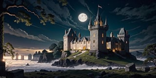 Gothic castle, looming and ancient, bathed in the silvery light of a full moon, eerie and enchanting, stands shrouded in dense, twisting mist, its towering spires, jagged battlements, and ivy-clad stone walls casting long, ominous shadows across the desolate, moonlit landscape.