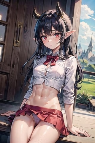 anime screencap, cowboy shot, scenery, cinematic lighting, sitting, legs open, medium breasts, cameltoe, bodycon dress, upskirt, expressive panties, freckles, elf ears, tiny demon horns, tight midriff shirt, abs, expressive eyes, red eyes, black hair, long hair, disheveled hair, view from below, tavern

1girl

