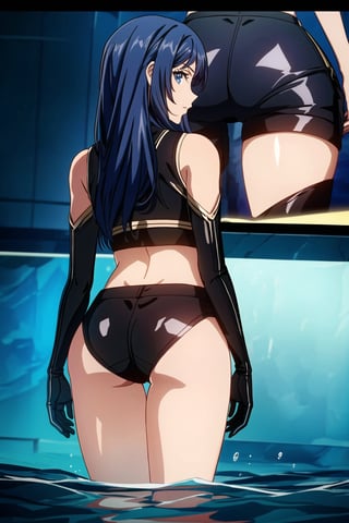 Girl, cinematic lighting, anime screencap, best quality, expressive eyes, detailed face, (((cowboy shot, legs open, dynamically posing, view from behind))), partially submerged, sexy, looking back at viewer

High-Waisted Black Leather Pants, Cropped Mesh Tank Top