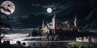 Gothic castle, looming and ancient, bathed in the silvery light of a full moon, eerie and enchanting, stands shrouded in dense, twisting mist, its towering spires, jagged battlements, and ivy-clad stone walls casting long, ominous shadows across the desolate, moonlit landscape.