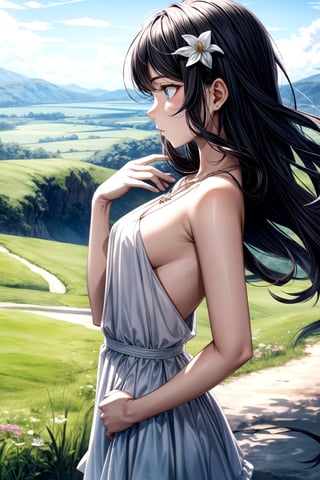 Girl, cinematic lighting, anime screencap, best quality,

naked, Loose Beach Waves, Flower Hairpin, Layered Necklaces
Petite, Heterochromia, Over-the-Shoulder Shot, Side View, Looking Out Over Landscape, Contemplative Pose:
The camera peers over the petite subject's shoulder as she stands atop a hill, gazing thoughtfully into the distance. Her posture is relaxed, one hand resting on her hip while the other cradles her chin. The landscape stretches beyond her, evoking a sense of introspection.