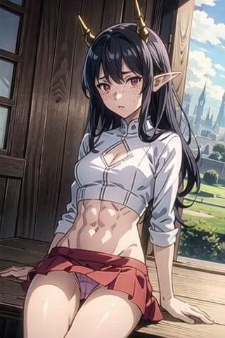 anime screencap, cowboy shot, scenery, cinematic lighting, sitting, legs open, medium breasts, cameltoe, bodycon dress, upskirt, expressive panties, freckles, elf ears, tiny demon horns, tight midriff shirt, abs, expressive eyes, red eyes, black hair, long hair, disheveled hair, view from below, tavern

1girl

