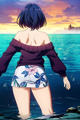 Girl, cinematic lighting, anime screencap, best quality, expressive eyes, detailed face, (((cowboy shot, legs open, dynamically posing, view from behind))), partially submerged, sexy, looking back at viewer

Floral Print Mini Skirt, Off-Shoulder Knit Sweater
