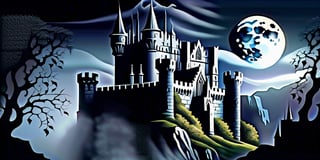 Gothic castle, looming and ancient, bathed in the silvery light of a full moon, eerie and enchanting, stands shrouded in dense, twisting mist, its towering spires, jagged battlements, and ivy-clad stone walls casting long, ominous shadows across the desolate, moonlit landscape.