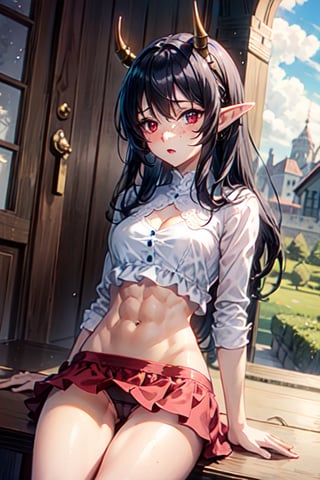 anime screencap, cowboy shot, scenery, cinematic lighting, sitting, legs open, medium breasts, cameltoe, bodycon dress, upskirt, expressive panties, freckles, elf ears, tiny demon horns, tight midriff shirt, abs, expressive eyes, red eyes, black hair, long hair, disheveled hair, view from below, tavern

1girl

