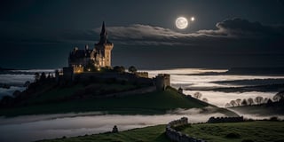 Gothic castle, looming and ancient, bathed in the silvery light of a full moon, eerie and enchanting, stands shrouded in dense, twisting mist, its towering spires, jagged battlements, and ivy-clad stone walls casting long, ominous shadows across the desolate, moonlit landscape.