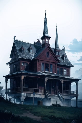 (masterpiece), best quality, scenery, abandoned gothic horror house, heavy purple fog