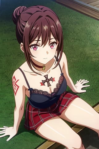 Girl, cinematic lighting, anime screencap, best quality, 

Fitted Plaid Mini Skirt (Deep Red and Black), Lace-Trimmed Camisole Top (Burgundy), Messy Bun with Loose Strands, Choker Necklace, Dainty Rings
Thick Thighed, Tattooed, Bird's-Eye View, Top-down Angle, Sitting Cross-legged, Casual Relaxation:
Captured from above, the thick thighed subject with tattoos sits cross-legged on the ground. Her arms are draped over her knees, and her gaze is directed upward. This angle provides an intimate view of her serene expression and casual comfort.